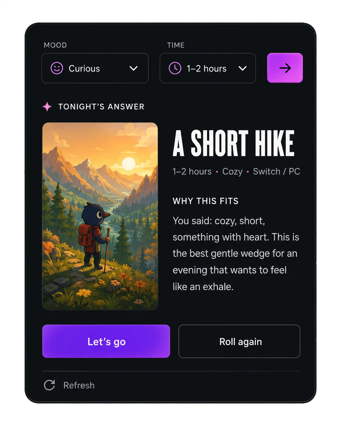 Inventory Full picker: choose your mood and time, get one game recommendation — A Short Hike